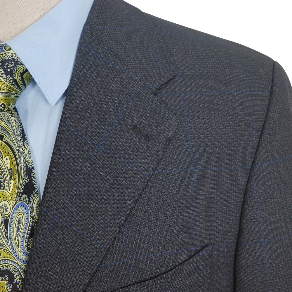 Ralph Lauren Suit Men 40T 36W 32L Black Blue Windowpane Plaid‎ 3 Button Wool VTG